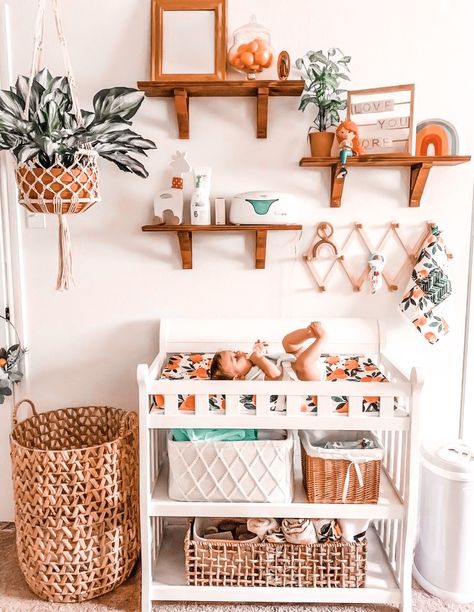 Nursery Ideas Orange, Orange Nursery Ideas, Orange Nursery, Boho Baby Nursery, Boho Baby Room, Baby Nursery Inspiration, Baby Room Themes, Nursery Room Design, Girl Nursery Room