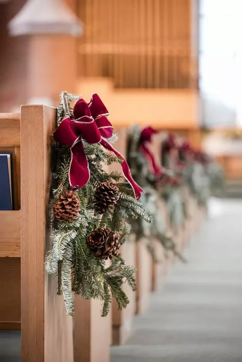 Winter Wedding at Vine Street Church | Nashville, TN Winter Aisle Decor, Head Table Winter Wedding, Christmas Pew Decorations, Christmas Wedding Aisle Decor, Christmas Wedding Aisle, Christmas Wedding Ideas On A Budget, Christmas Wedding Decorations Receptions, Western Winter Wedding, Christmas Wedding Ideas Elegant