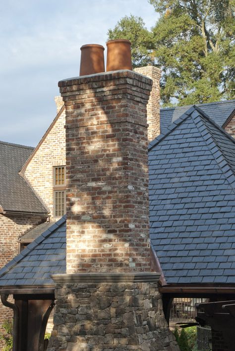 Tall Chimney, Stone Chimney Exterior, Chimney Toppers, Brick Chimney Exterior, Chimney Tops, Chimney Pots, Chimney Caps Ideas, Chimney Design, Stone Chimney