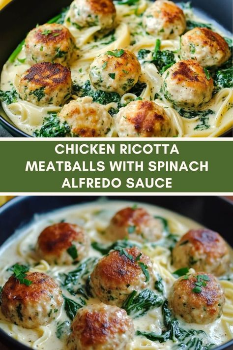 CHICKEN RICOTTA MEATBALLS WITH SPINACH ALFREDO SAUCE Chicken Ricotta Meatballs With Alfredo Sauce, Ground Chicken Spinach Meatballs, Baked Chicken Ricotta Meatballs With Spinach Alfredo Sauce, Chicken Ricotta Meatballs With Spinach Alfredo Sauce, Chicken And Spinach Meatballs, Meatball Alfredo Casserole, Chicken Alfredo Meatballs, Chicken Ricotta Meatballs With Spinach, Chicken Spinach Meatballs