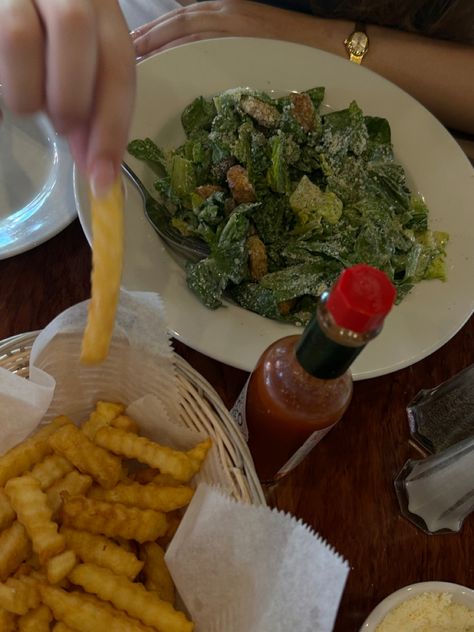 Salad And Fries, Cesar Salad And Fries, Salad And Fries Aesthetic, Caesar Salad And Fries Aesthetic, Aesthetic Ceaser Salad, Steak And Fries Aesthetic, Mcdonald’s Fries Aesthetic, Eat Salad, Homemade Salads