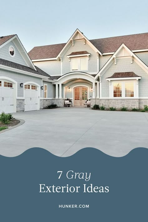 Gray House With Red Roof, Light Gray House Exterior Color Palettes, Cream House With Gray Shutters, Elegant House Colors Exterior, Silver Strand Exterior House, Light Grey Exterior House Colors With Black Windows, Repose Gray Brick Exterior, Light Grey Houses Exterior, Light Gray House With Dark Gray Trim