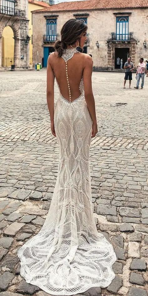 2024 Low Back Wedding Dresses: Silk, Lace, and Elegant Styles Open Low Back Wedding Dress, Halter Neck Wedding Gown, Boho Glam Wedding Dress, Silk And Lace Wedding Dress, Silk Lace Wedding Dress, Coastal Wedding Dress, Low Back Wedding Dresses, Wedding Dresses Silk, Low Back Gown