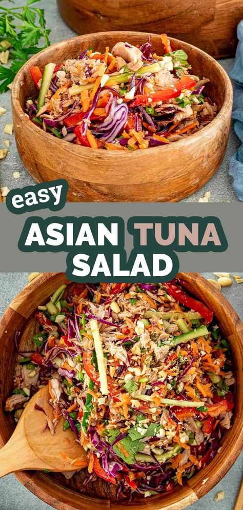 Light, fresh, and full of crunch! This Asian Tuna Salad is loaded with vibrant veggies, tender tuna, and a tangy sesame-lime dressing. 🥗🐟 #AsianTunaSalad #HealthyRecipes #QuickMeals Asian Tuna Bowl, Asian Salad With Shrimp, Asian Tuna Salad, Asian Tuna Recipes, Asian Tuna Salad Recipe, Raman Salad, Fish Salads, Asian Tuna, Fresh Tuna Recipes