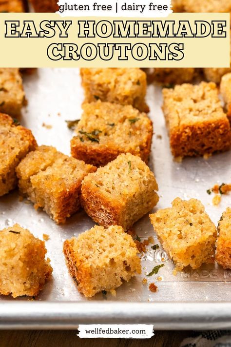 Freshly baked gluten free dairy free croutons scattered on a baking sheet. Gluten Free Croutons Recipe, Crouton Recipe, Gluten Free Croutons, Gluten Free Sandwich Bread, What Is Gluten Free, Meal Prepping For The Week, Crouton Recipes, Gluten Free Sandwiches, Hearty Breakfasts