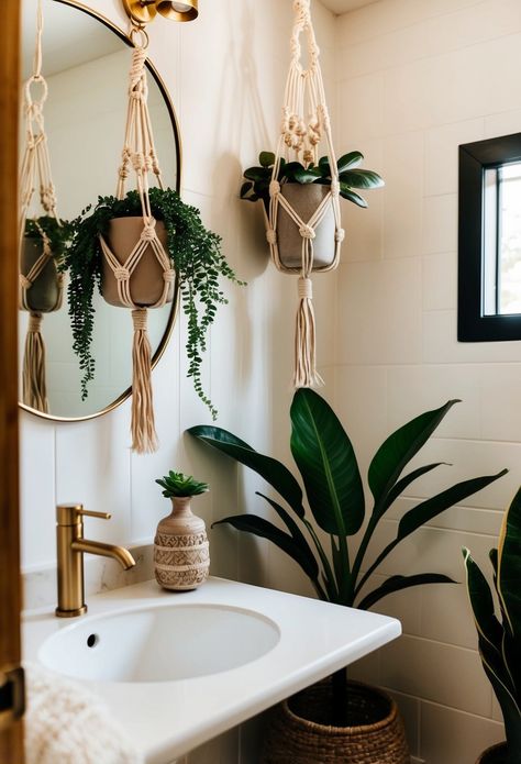 29 Boho Powder Room Ideas Yoga Studio Bathroom Ideas, Small Bohemian Bathroom, Boho Powder Room Ideas, Bathroom Boho Decor Ideas, Boho Powder Room, Boho Farmhouse Bathroom, Modern Boho Bathroom, Powder Room Ideas, Boho Bathroom Ideas