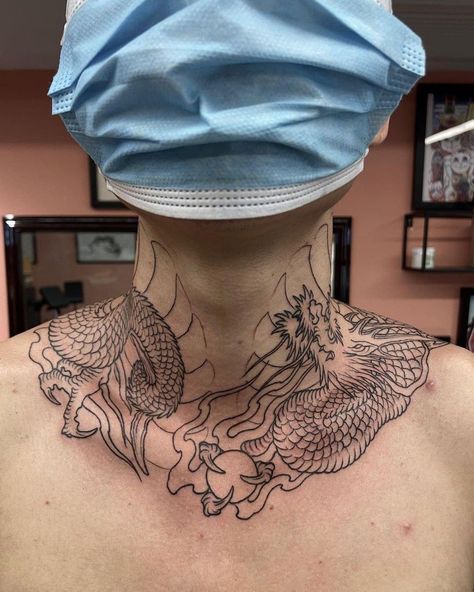 Yakuza Neck Tattoo, Dragon Around Neck Tattoo, Japanese Style Neck Tattoo, Dragon Neck Tattoo Men, Japanese Throat Tattoo, Dragon Head Tattoo Design, Japanese Neck Tattoo, Dragon Neck Tattoo, Japanese Chest Tattoo