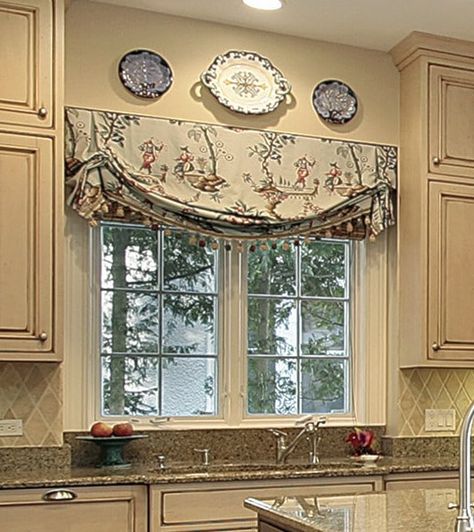 Custom Valances Over Kitchen Sinks: 8 Styles Explained Over Kitchen Sink, Kitchen Window Valances, Kitchen Sink Window, Custom Valances, Kitchen Window Curtains, Kitchen Wall Cabinets, Window Treatments Living Room, Casa Country, Kitchen Valances