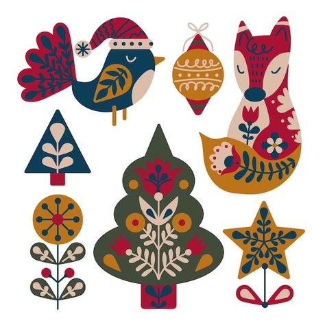 Folk Christmas Ornaments, Scandinavian Christmas Embroidery, Christmas Bunting Ideas Diy, Nordic Christmas Illustration, Scandinavian Christmas Design, Scandinavian Folk Art Animals, Scandinavian Christmas Pattern, Folk Christmas Illustration, Scandinavian Christmas Art