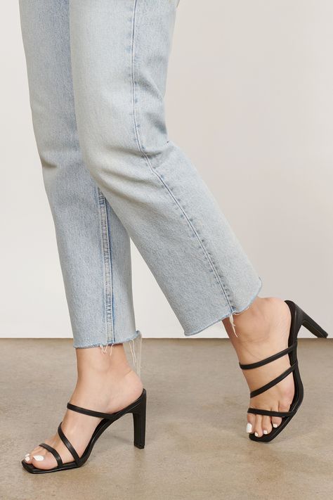 Mina Black Strappy Mule Sandal Heels - $37 | Tobi US Strappy Mules, Pencil Heels, High Heels Outfit, Black Open Toe Heels, Cutout Heels, Black Patent Heels, Embellished Heels, Open Toe High Heels, Patent Heels