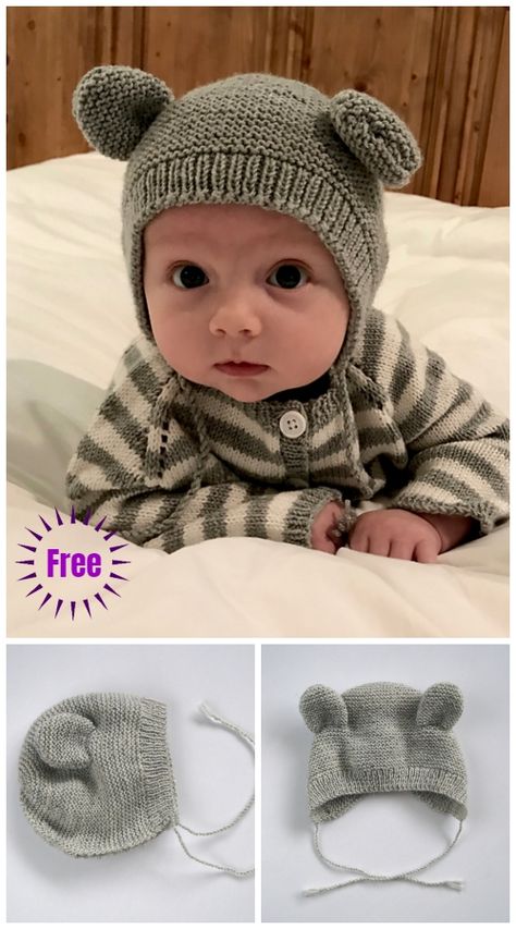 Knit Bearly Bear Bonnet Hat Free Knitting Pattern Jaket Crochet, Perlengkapan Bayi Diy, Hat Free Knitting Pattern, Knitted Bear, Pola Topi, Baby Hat Knitting Pattern, Hat Patterns Free, Baby Hat Patterns, Baby Scarf