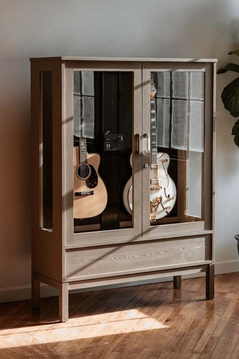 Photo Gallery | American Music Furniture Guitar Storage Cabinet, Office Music Room, Guitar Display Case, Music Furniture, Guitar Storage, Guitar Display, Record Room, Music Rooms, Guitar Room