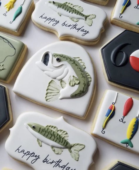 Fish Birthday Cookies Decorated, Fishing Birthday Party Cookies, Gone Fishing Cookies Decorated, Cookies Fishing Theme, Fish Themed Cookies, Fish Decorated Cakes, Bass Fish Cookies, Fishing Cookies Royal Icing, Fishing Themed Cookies