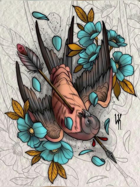 Neo Traditional Tattoos Bird, Neotraditional Tattoo Sketch, Neo Trad Flowers, Neo Traditional Sleeve, Neo Traditional Art, Bird Tattoo Sleeves, Neo Tattoo, Traditional Tattoo Inspiration, Japanese Flower Tattoo