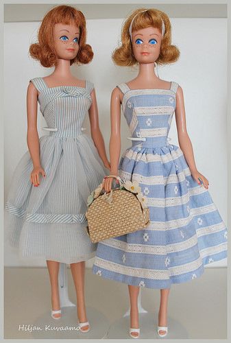 Vintage Barbie shelved | Two 60's Midges in vintage dresses | Flickr Vintage Midge Doll, Xmen Oc, Midge Barbie Doll, Midge Barbie, Blue Barbie, Sewn Clothes, Lifeguard Chair, She Is Everything, Movie Outfit