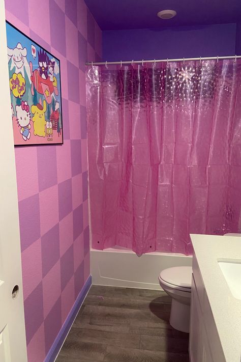 Diy Chessboard, Checkered Bathroom, Checkered Wall, Pastel Checkered, Toddler Bathroom, Apartment 2023, Paint Inspo, Bathroom Accent Wall, Sanrio Pink