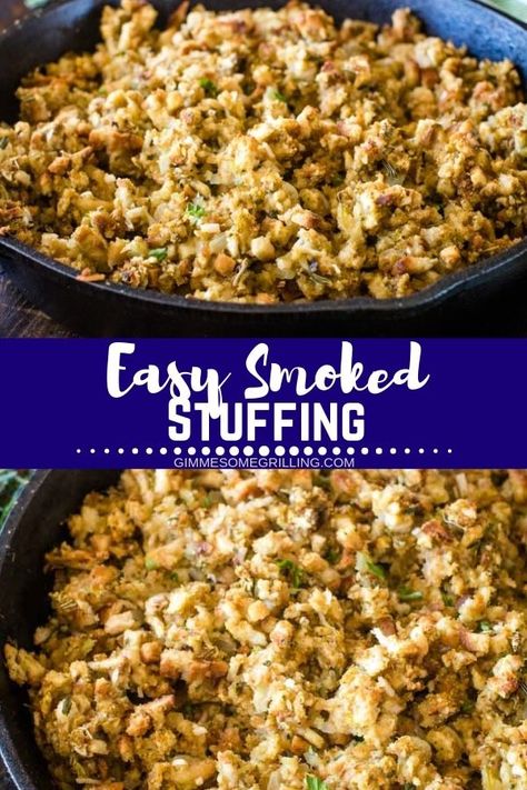 Smoked Stuffing, Pellet Smoker Recipes, Smoked Recipes, Grilled Side Dishes, Traeger Recipes, Pellet Grill Recipes, Thanksgiving Stuffing, Salad Pasta, Delicious Thanksgiving