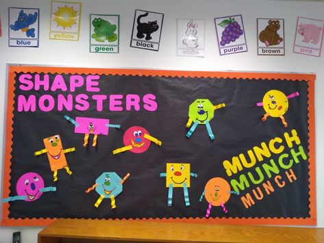 Preschool Shape Bulletin Board Color And Shape Bulletin Board, Shapes Bulletin Board Ideas Preschool, Feelings Bulletin Board Ideas Preschool, Colors And Shapes Bulletin Board Ideas, Easy Bulletin Board Ideas Preschool, Shapes Theme Board Preschool, Shape Bulletin Boards Preschool, Monster Bulletin Board Ideas, Shapes Bulletin Board Ideas