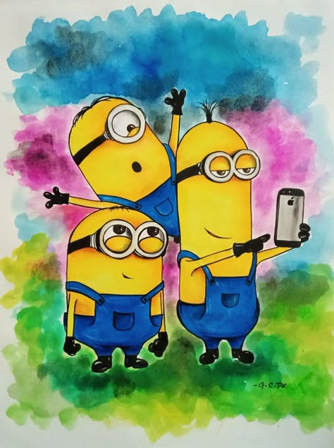 Minion Art Paintings, Minion Painting On Canvas, Minion Painting, Minion Drawing, Monsters Drawings, Watercolour Painting Ideas, Minion Art, Cute Monsters Drawings, Poster Color Painting