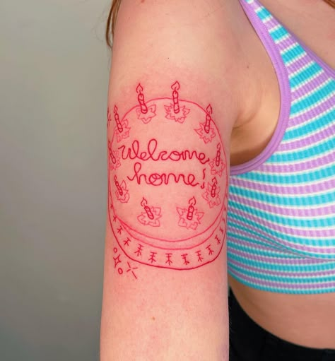 Coraline Welcome Home Cake Tattoo, Welcome Home Tattoo, Coraline Cake Tattoo, Coraline House Tattoo, Pink Palace Tattoo Coraline, Coraline Fine Line Tattoo, Coraline Leg Tattoo, Caroline Tattoo, Coraline Flash Tattoo