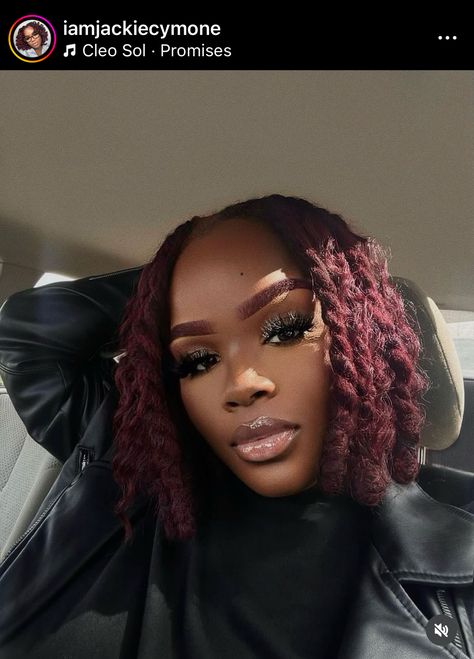 Plum Colored Locs, Burgundy And Blonde Locs, Burgundy Microlocs, Blue Black Locs, Dark Burgundy Locs, Sisterlock Bob, Burgundy Boho Locs, Red Locs Hairstyles, Red Starter Locs