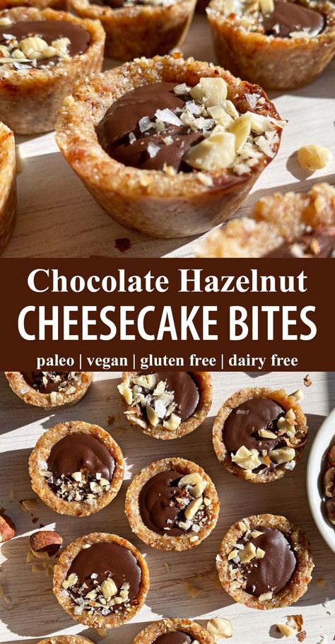 These hazelnut cheesecake bites have a chewy date and hazelnut crust that's filled with a creamy chocolate-hazelnut fudge. This mini cheesecake recipe is no-bake, paleo and vegan friendly. #hazelnut #nobakecheesecake Vegan Hazelnut Recipes, Whole Hazelnut Recipes, Ground Hazelnut Recipes, Roasted Hazelnut Recipes, Hazelnut Dessert, Hazelnut Recipes, Healthy Cheesecake, Gluten Free Cheesecake, Dairy Free Cookies