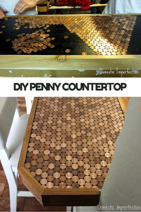 Make a DIY countertop for pennies. How to upgrade an ordinary countertop with pennies and epoxy. Diy Bar Top, Handyman Jobs, Penny Countertop, Diy Countertop, Puerto Limon, Household Crafts, Penny Table, Bob Villa, Trailer Makeover