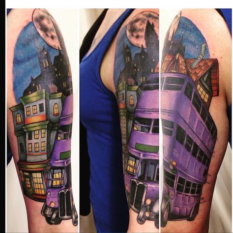 Harrypotter tattoo                   Harry Potter knight bus tattoo ( @no regrets done by Jordan Epperson) Tattoo- Hogwarts -Jk Rowling- Hp Knight Bus Tattoo, London Bus Tattoo, Vw Bus Tattoo, Harry Potter Bus, Bus Tattoo, Harry Potter Knight Bus, The Knight Bus, Knight Bus, Tattoo Board