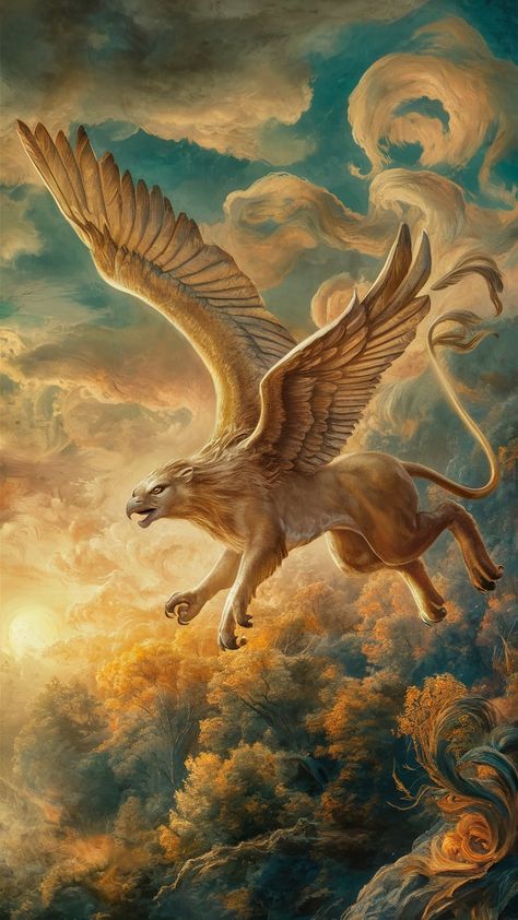 Discover a breathtaking wallpaper featuring a magnificent griffin soaring above a sun-kissed, enchanted forest. This surreal artwork, with its intricate details and vibrant Impressionist colors, evokes wonder and magic. The elegant Art Nouveau influenced plumage and ethereal clouds create an otherworldly atmosphere. Perfect for fantasy art lovers, this stunning piece will elevate your space. #Griffin #FantasyArt #Wallpaper #ArtNouveau #Surrealism Griffin Wallpaper, Ethereal Clouds, 4k Wallpaper Iphone, Ancient Chinese Art, Surreal Artwork, Dragon Illustration, 4k Wallpaper, Elegant Art, Landscape Wallpaper