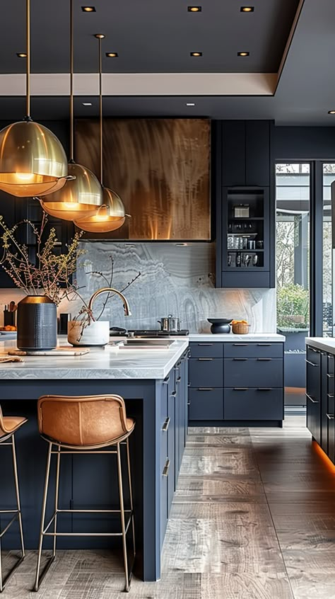 Looking to refresh your kitchen with a splash of color? Discover the 24 best blue kitchen design ideas to inspire you! From serene navy tones to vibrant cobalt accents, these ideas will help you create a stylish and inviting culinary space. 💙🍽️ #BlueKitchen #KitchenDesign #Kitchencolor Blue Gold Kitchen Ideas, Blue Cabinetry, Navy Blue And Marble Kitchen, Navy Blue Modern Kitchen, Kitchen Navy, Blue Modern Kitchen, Navy Blue Kitchen Ideas, Dark Blue Kitchen Cabinets Marble Counter, Dark Blue Marble Kitchen