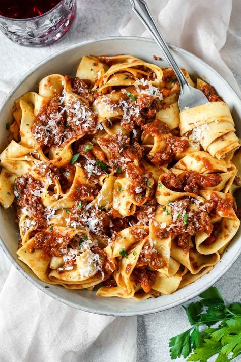 If you have never had bison before, this bison bolognese will be a pleasant surprise!! This delicious meat sauce is slow-cooked in the crockpot for that all-day, simmered taste. Served over pappardelle or your favorite pasta, it’s the ultimate bowl of comfort food! Pasta Bolognese Recipe, Pasta With Meat, Pasta And Sauce, Bison Recipes, Bolognese Pasta, Ground Bison, Slow Cooker Pasta Recipes, Pasta With Meat Sauce, Slow Cooker Pasta