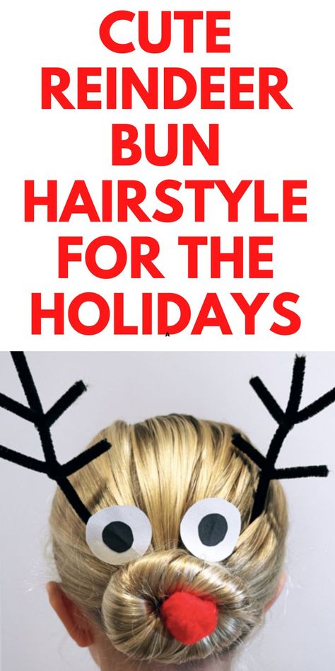 Reindeer Bun Hairstyle: Looking for a cute Christmas hairstyle? Here is an adorable bun hair tutorial for kids. This is a holiday hairstyle you will love. Xmas Hairstyles For Kids, Crazy Hair Day Christmas, Reindeer Hair Bun, Christmas Crazy Hair Day, Simple Hair Tutorial, Hairstyles For Children, Christmas Hairstyles For Kids, Nanny Diaries, Reindeer Hair