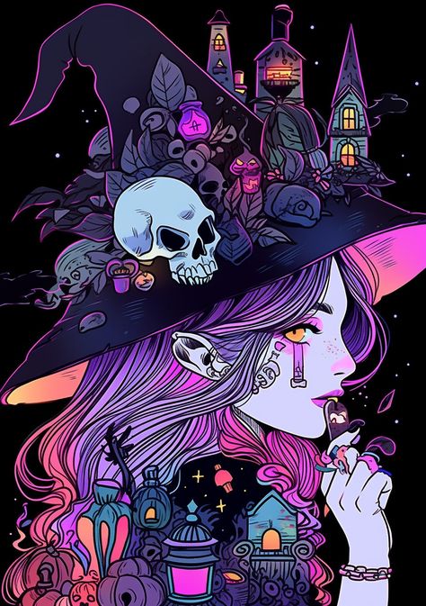 Horror scary and magical a witch practecing witchcraft. full of details. coloring book for adults. very colorful pastel and neon colors, pink, purple, baby-blue neon color in some of the details -- Witchy Pictures, Neon Witch, Witch Purple, Pastel Witch, Witch Vibes, Magic Women, Black Witch, Blue Neon, Coloring Book For Adults