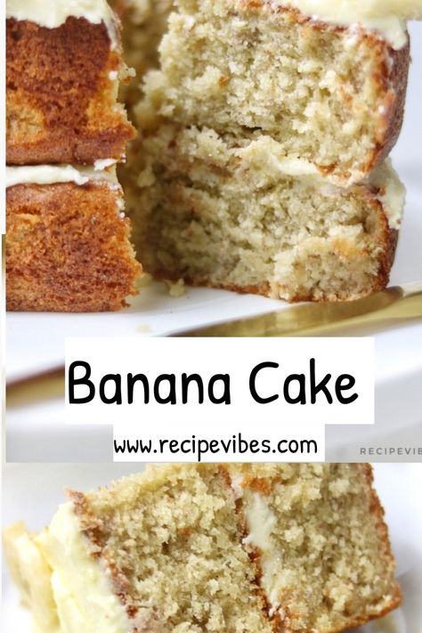 Banana cake with a slice cut out and served on a plate. Banana Cake With Cake Flour, Banana Cakes Ideas, Banana Shaped Birthday Cake, Soft Fluffy Cake Recipe, Healthy Sponge Cake Recipe, Light Banana Cake, Banana Smash Cake Recipe 1st Birthdays, Simple Banana Cake Recipe, Baby Friendly Cake Recipe