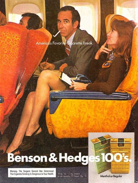 Anuncio de Benson-Hedges-1974. Se acuerdan cuando se podia fumar en los aviones? Ad Aesthetic, Alcohol Ads, Usa Places, Collage Pictures, Graphisches Design, Old Advertisements, Retro Advertising, Retro Ads, Old Ads