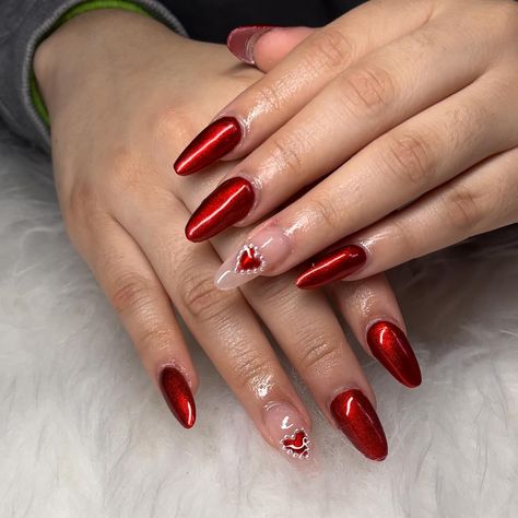 Red chrome nails❣️ • • • • • • • #nailsnailsnails #nails #nailart #nailsofinstagram #nailaddict #nailtech #nailtechnician #nailtrend #nailart #newarknj #newarknails #newarknailtech #begginernailtech #redchrome #redchromenails #chromenails #vbeautypure #beetle #almondnails #mediumnails #valentines #valentinesnails Chrome Nails With Rhinestones, Red Nails With Rhinestones, Red Nails Almond, Red Chrome Nails, Nails With Rhinestones, Red Chrome, Nail Board, Gem Nails, Rhinestone Heart