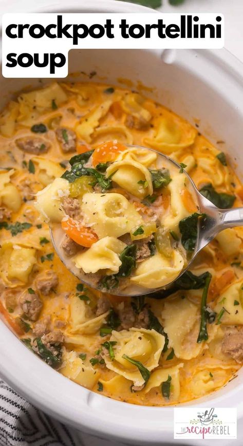 This easy Creamy Crockpot Tortellini Soup is comfort food as its very best! Tender bites of tortellini, bold Italian sausage and a medley of veggies are held together in a creamy tomato broth. #soup #slowcooker #crockpot  | crockpot soups | slow cooker soup recipes | crockpot meals | slow cooker recipes | comfort food | dinner ideas | dinner recipes | italian sausage soup Crockpot Recipes Easy Soup, Creamy Pasta Soup Recipes, Knock Your Socks Off Crock Pot Soup, Homemade Soup Recipes Crock Pots, Easy Tortellini Soup Crockpot, Cream Of Whatever Soup, Pasta Recipes In Crockpot, Easy Italian Soup Recipes, Crock Pot Soups And Stews Comfort Foods