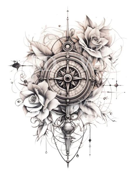 Women Compass Tattoo Ideas, Jewel Mandala Tattoo, Compass And Bird Tattoo, Tattoo Clocks Women, Compass With Names Tattoo, Compass Wrist Tattoos For Women, Womens Nature Tattoos, Anchor And Compass Tattoo Women, Nautical Floral Tattoo