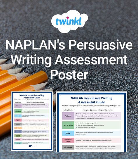 Use this poster to illustrate to your students what NAPLAN marking criteria will be used in persuasive writing. Students can use this poster to refer to when writing persuasively to ensure they consider the audience, text structure, ideas, persuasive devices, vocabulary, cohesion, paragraphing, sentence structure, punctuation and spelling. Persuasive Text, Writing Assessment, Text Structure, Sentence Structure, Persuasive Writing, Punctuation, Assessment, Vocabulary, Writing