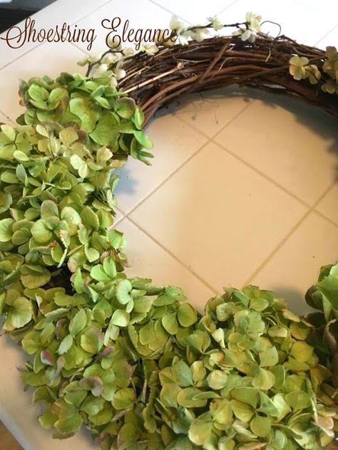 Shoestring Elegance: How to Make a Dried Hydrangea Wreath that Looks Fresh Dried Hydrangea Wreath, Hydrangea Wreath Diy, Burlap Rosettes, Easy Wreaths, Dried Hydrangeas, Grandmas Garden, Hydrangea Wreath, Small Christmas Trees, Xmas Wreaths