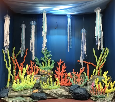 Ocean Stage Decorations, Under The Sea Stage Design, Little Mermaid Stage Sets, Under The Sea Set Design, Underwater Stage Design, Underwater Set Design, Under The Sea Stage Decorations, Underwater Installation, Under The Sea Prom