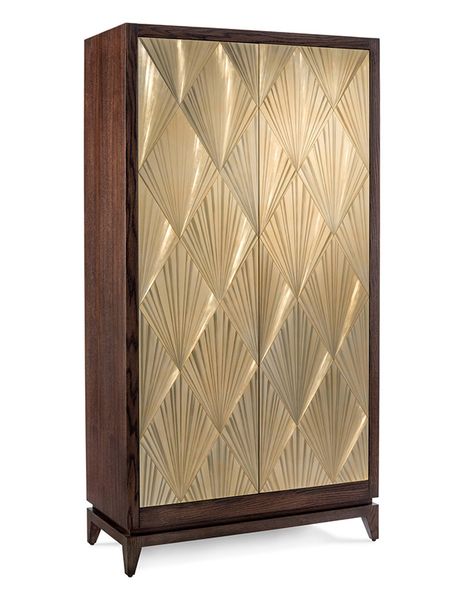 Jonh Richard's Art Deco armoire has the pop of gold offset by the dark wood frame. Mini Bar Design, Furniture Checklist, John Richard Collection, Art Deco Furniture, Furniture Bedroom, Wooden Cabinets, Wardrobe Design, Art Deco Interior, Mini Bar