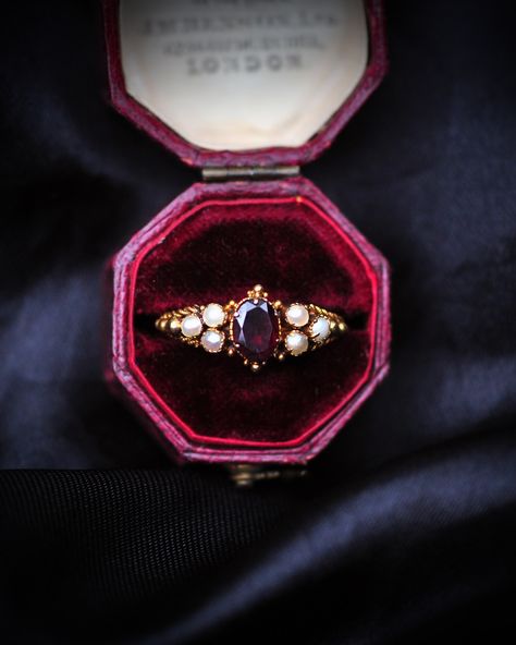 Here is a beautiful Victorian garnet and pearl ring 🥰 The stones are set in 15k gold and there is a beautiful texture around the back of the ring! Available! DM for more info ✉️ —————————— #antique #antiquejewelryaddiction #jewellery #jewelry #antiquejewelry #antiquejewellery #Victorian #victorianjewelry #victorianjewellery #ring #gold #garnet #garnetring #pearlring #garnetjewelry #garnetjewellery #pearljewelry Victorian Rings Aesthetic, Antique Engagement Rings Victorian, Engagement Ring Gothic, Garnet And Pearl, Antique Jewelry Victorian, Ring Aesthetic, Victorian Engagement Rings, Antique Aesthetic, Minding Your Own Business