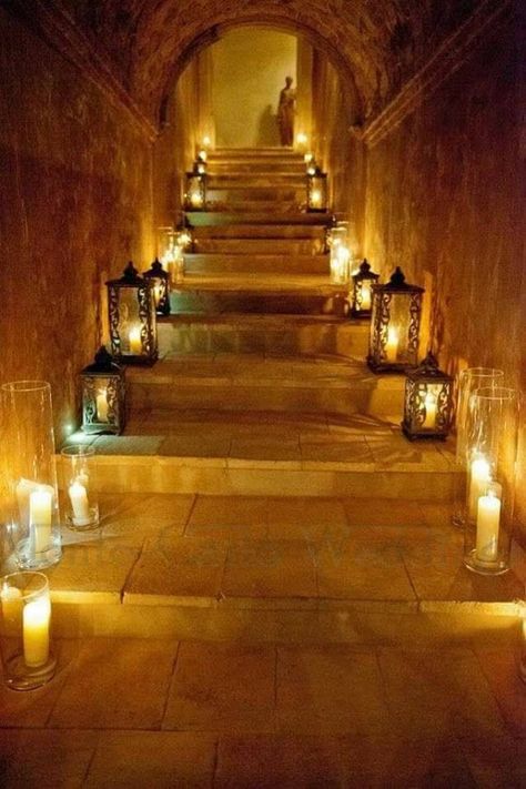 Staircase of stone lit with candles and lanterns. Diy Christmas Decorations Easy, Rumi Quotes, Easy Christmas Diy, Stairway To Heaven, Candle Light, Wedding Lights, Wine Cellar, To Heaven, Staircases