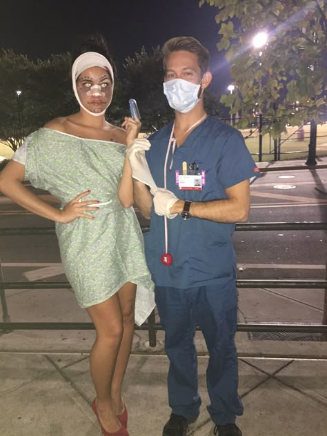 Doctor Costume Scrubs, Plastic Surgery Costume Couple, Hospital Patient Halloween Costume, Doctor Nurse Couple Costume, Plastic Surgeon And Patient Costume, Hospital Costume Ideas, Halloween Patient Costume, Zombie Nurse Costume Diy, Black Leather Skirt Halloween Costume