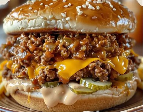 Big Mac Sloppy Joes Big Mac Sloppy Joe, Cheese Sloppy Joes, Big Mac Sloppy Joes, Big Mac Sloppy, Mcdonalds Recipes, Beer Bacon, Sloppy Joes Recipe, Sloppy Joe, Sweet Pickles