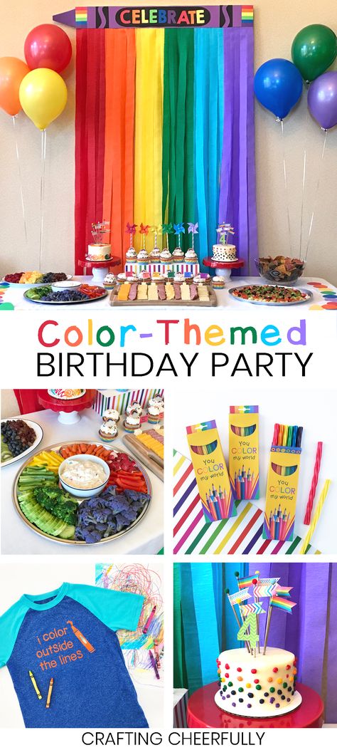 Celebrate a fun birthday with a fun color-themed birthday party! From the food to the games and decorations, this party is full of COLOR! Lots of fun DIY ideas. Multi Color Birthday Party Ideas, Crayons Birthday Party, Primary Colours Birthday Party, Color Party Decoration Ideas, Color Crayon Birthday Party, Crayons Party Ideas, Color Me Happy Party, Colors Themed Birthday Party, Color Splash Birthday Party