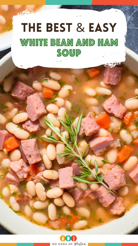 Savor the comfort of home with this classic White Bean and Ham Soup recipe! Perfect for chilly nights, it's packed with tender beans, savory ham, and a blend of vegetables. This easy-to-make, one-pot wonder is a family favorite. Ready to delight your taste buds? Save this pin and let's start cooking a heartwarming meal that brings everyone together at the dinner table! White Bean Ham Soup Crockpot, White Bean And Ham Soup Recipe, Ham And Bean Soup Recipes With Great Northern Beans, Easy White Bean Soup Recipes, Ham And Bean Soup Recipes Stovetop, White Bean And Ham Hock Soup Crock Pot, White Bean Soup With Ham, Bean And Ham Soup Recipes, Ham Beans