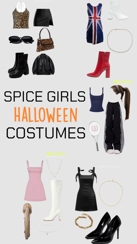 #spicegirls #halloween #costumes #groupof5 #outfits #moodboard Cool Girl Halloween Costumes 2024, Scary Spice Halloween Costume, Scary Spice Costume Halloween, Halloween Costume Moodboard, Spice Girls Costume Halloween, Early 2000s Costumes, Posh Spice Costume, Sporty Spice Costume, Spice Girls Halloween Costume