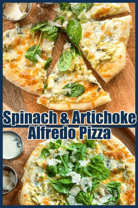 Spinach & Artichoke Alfredo Pizza combines the creaminess of Alfredo sauce and Spinach Artichoke Dip into one EPIC Pizza! Spinach Artichoke Pizza, Artichoke Pizza, Alfredo Pizza, Dips Recipes, Savory Recipe, Big Pizza, Pizza Appetizers, Heart Recipes, European Recipes